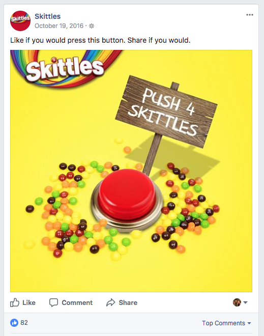 Skittles uses humour to encourage it’s users to share their post.
