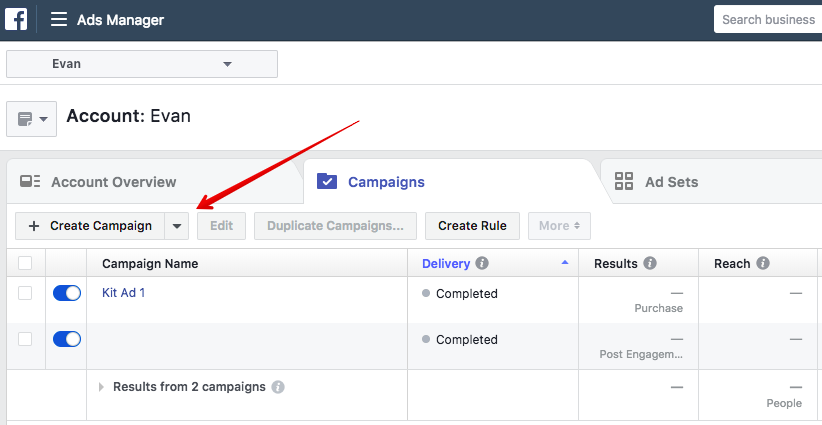 Facebook Ads Manager Create Campaign Button