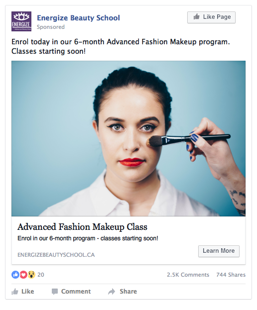 Facebook Beauty School Ad Example