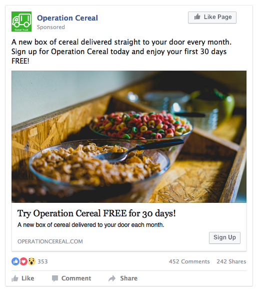 Facebook Lead Ad Example - Cereal Delivery