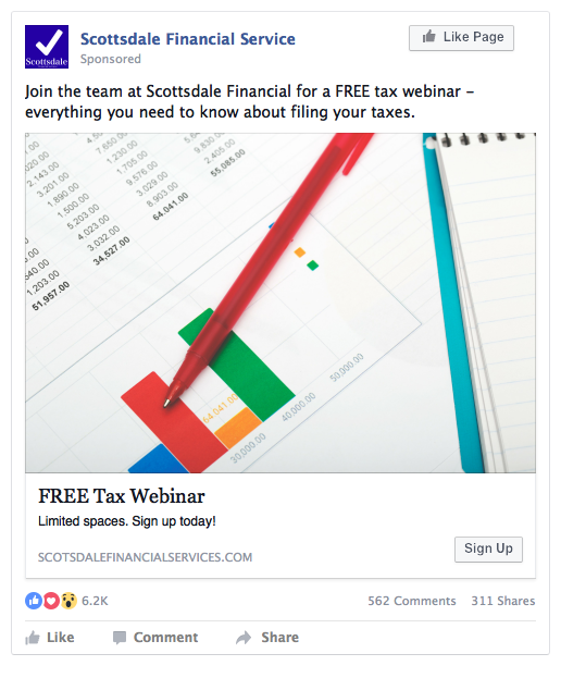 Facebook Lead Ad Example - Tax Seminar