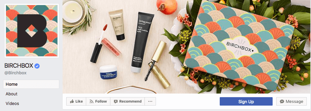 Flat-lay cover photos on Facebook are all the rage and Birchbox’s highlights their products and packaging.