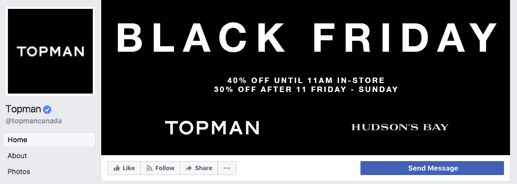 Topman uses their cover photo to advertise and list the essential details of their Black Friday sale. 
