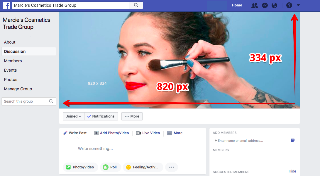 As of 2017, Facebook's group cover photo size has been updated to 820 pixels by 334 pixels