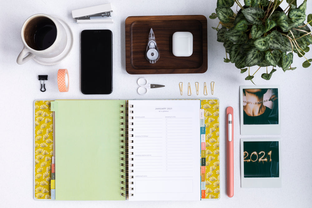 2021 desk setup flat lay