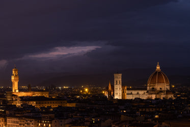 a beautiful cathedral dome and city skyline at night