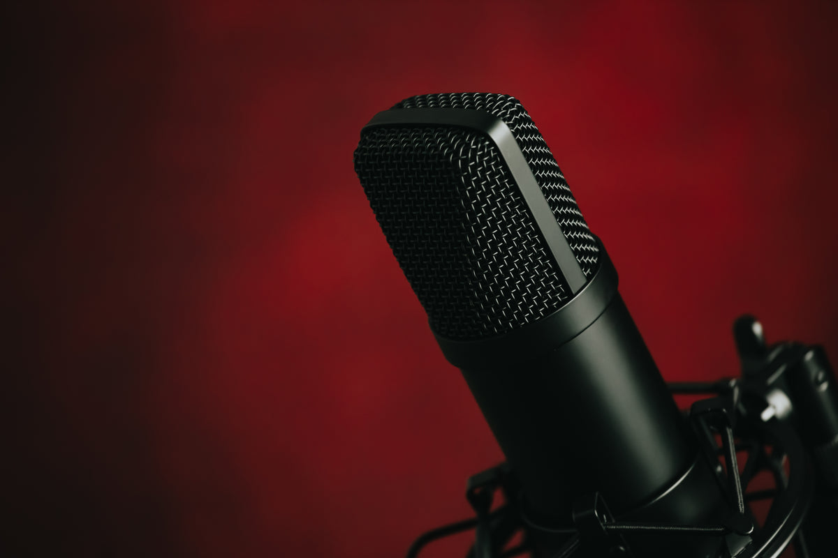 a black mounted metal microphone against red