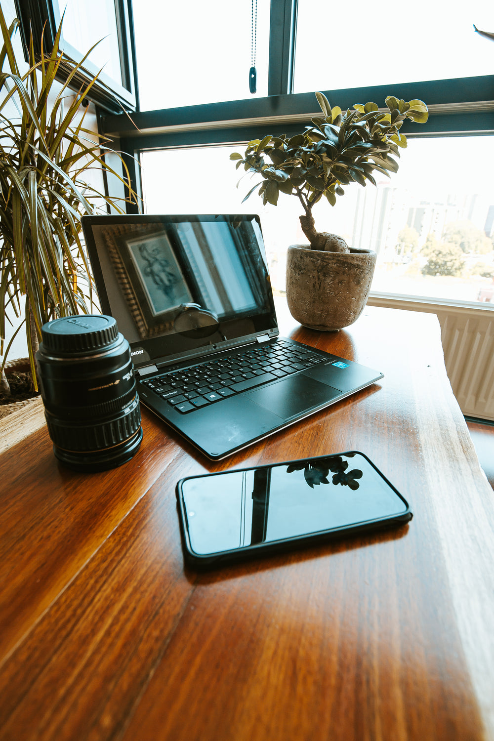 a bright window lite room shows a home office