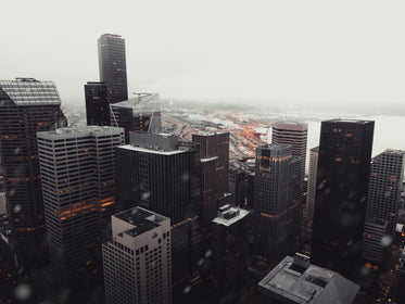 a city skyline bring ravaged by winter elements