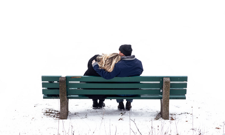 A Couple Cuddles On A Bench In The Snow