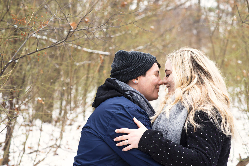 a couple eskimo kiss in the cold
