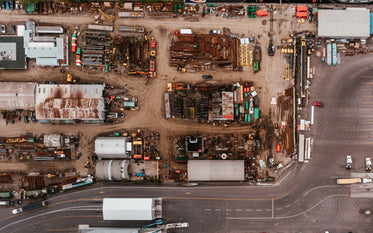 a drone shot of a scrap-metal area