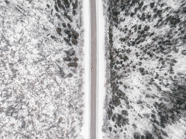 A Drone View Of A Red Pickup Truck On A Road Surrounded By Forest