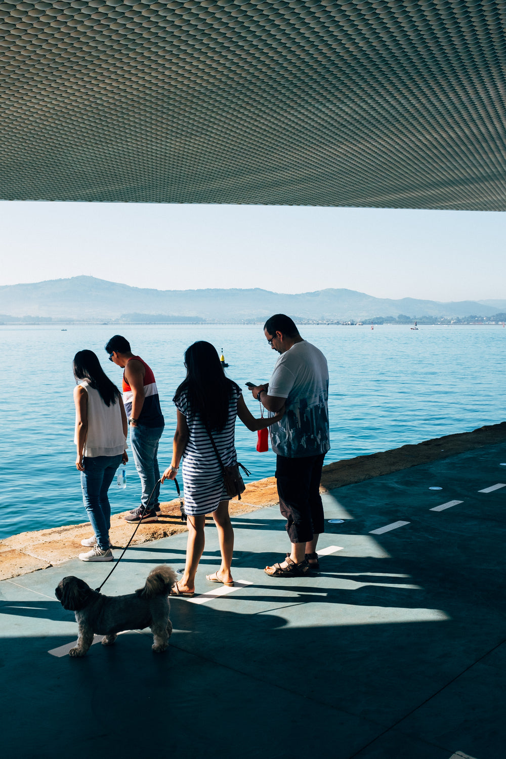 a family and dog stand on a concrete platform by the water