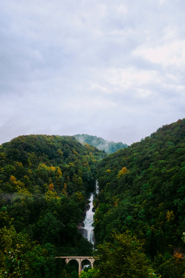 a foaming waterfall drops through tree covered hills