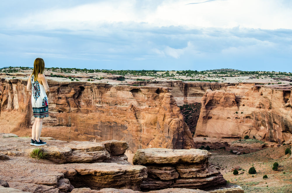 a girl in a floral summer dress overlooks the grand canyon