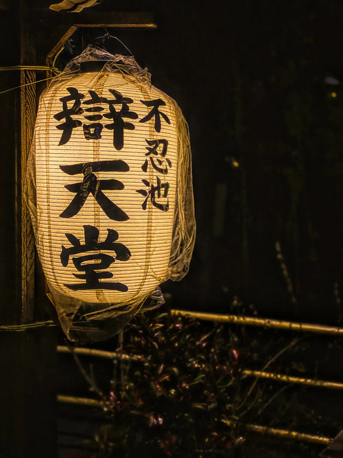 a hanging paper lantern illuminated at night