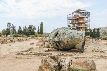 a head scultpure sits among ruins