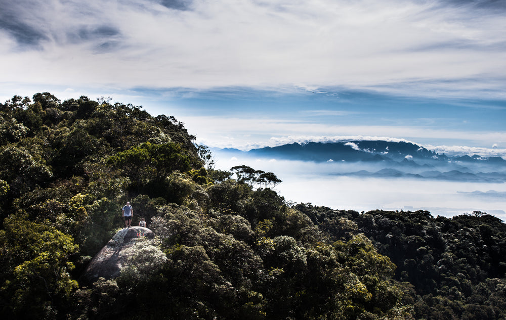 a hillwalker crests a grassy summit above the clouds