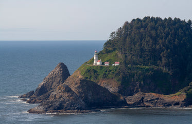 a lighthouse on a tree-covered peninsula