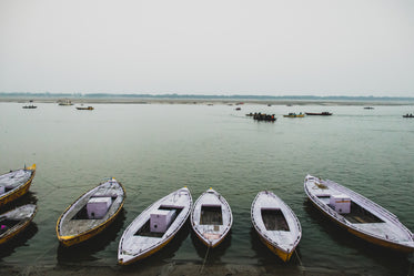 a line of boats at shore