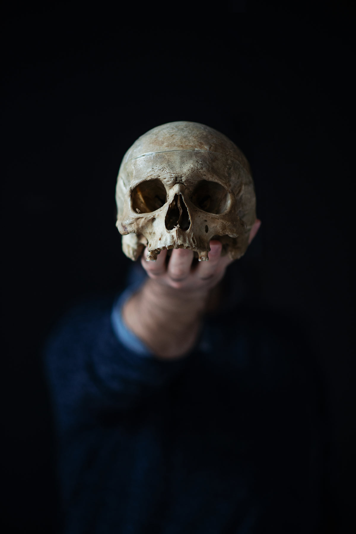 a man holds out a skull in his palm