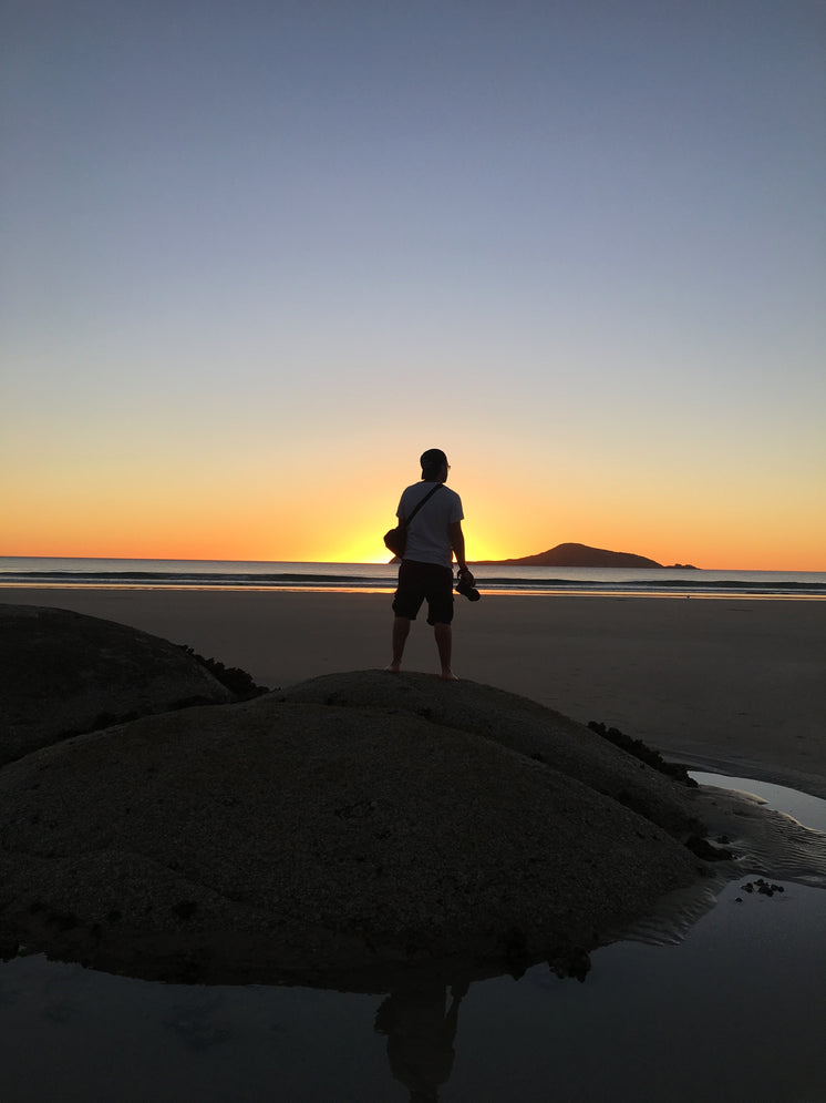 A Man On A Dune Watches The Sun Set From The Beach