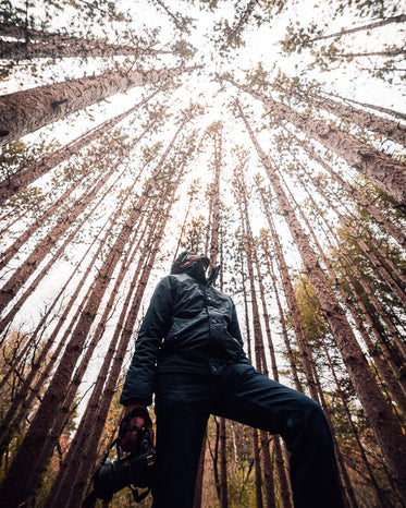 a man with a camera stares up at the sky through the trees