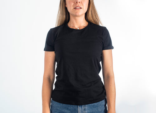 a person in a plain black t shirt on white background