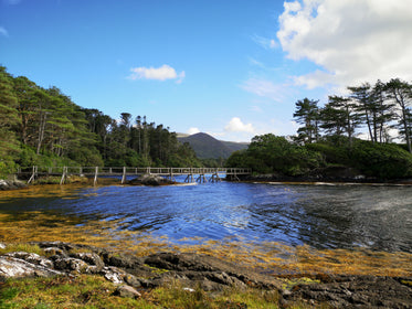 a river glides under a wooden walkway beneath a blue sky