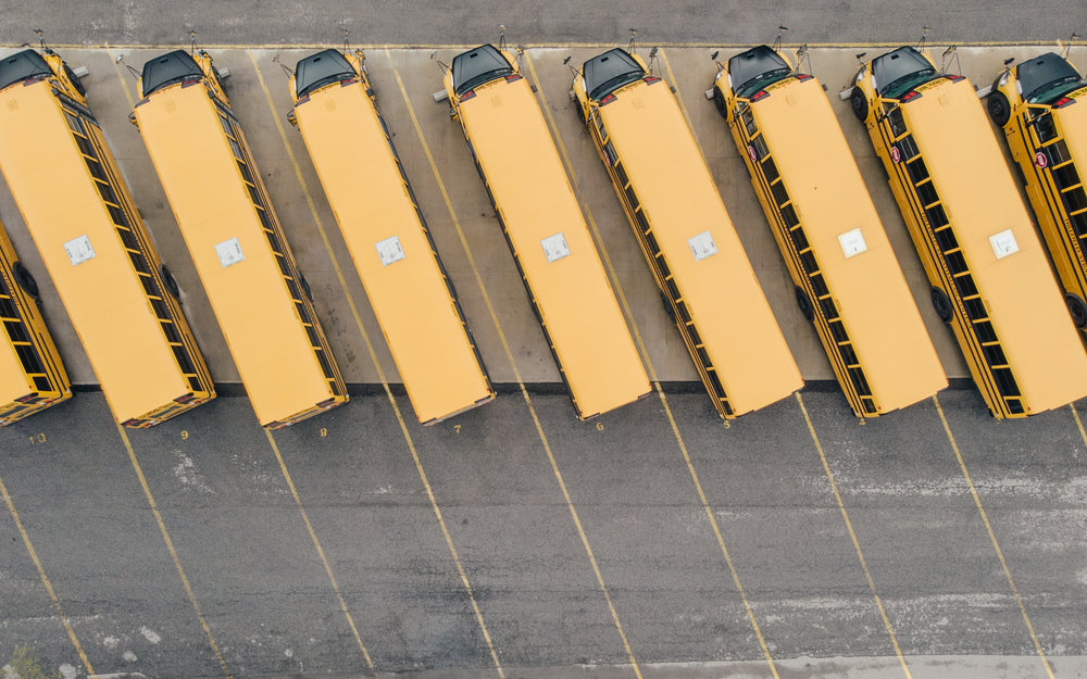 a row of parked yellow school buses