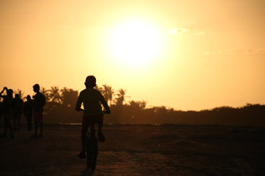 a silhouette of a person riding a bike at sunset