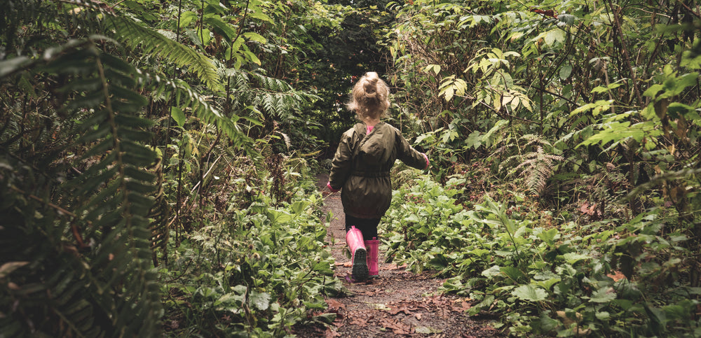 a small childs walks through the wilderness