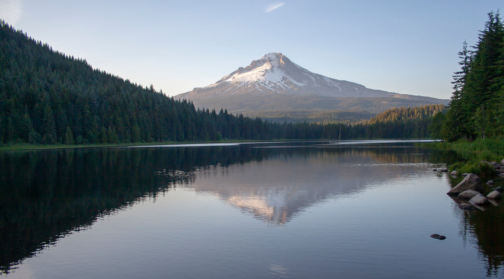 a snow-capped mountain overlooks a lake lined with trees