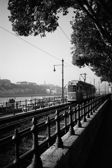 a streetcar in black and white