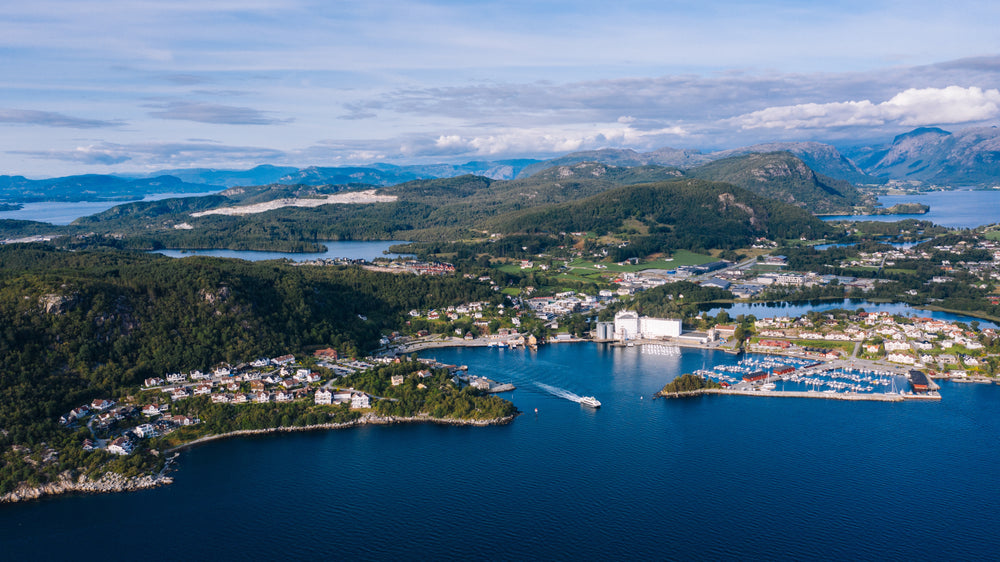 a town with a lake front view