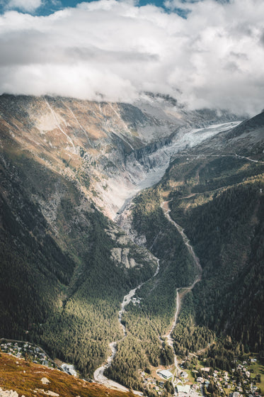 a tree lined mountain valley and a white road