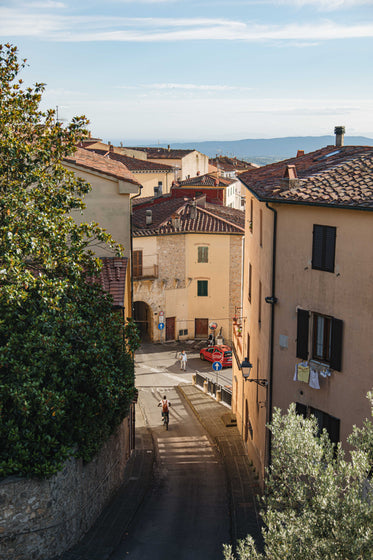 a view looking down from a rooftop