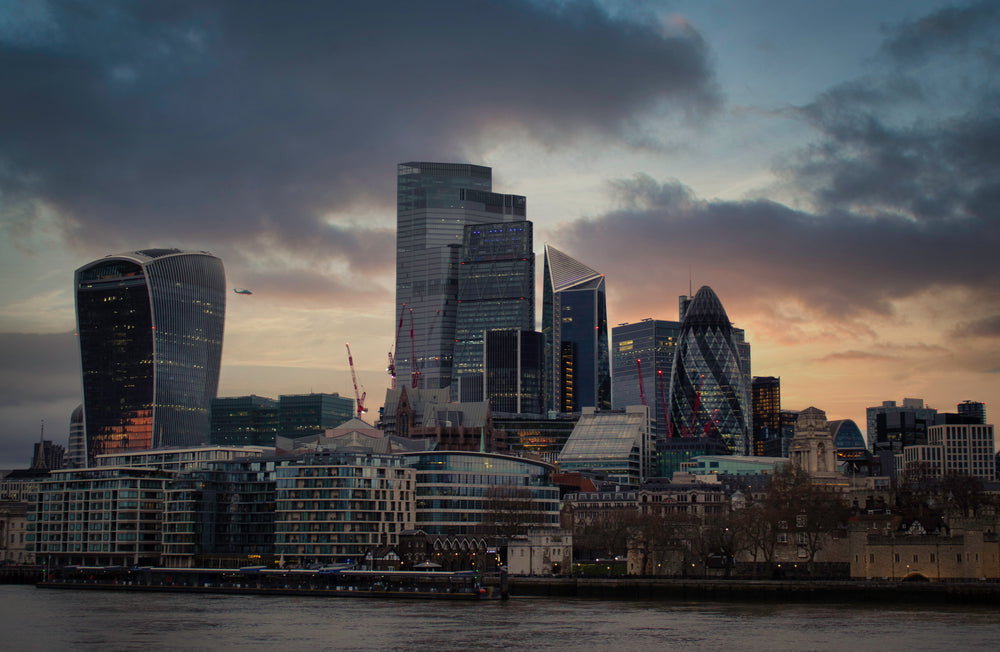 a view of the london cityscape at a cloudy sunset