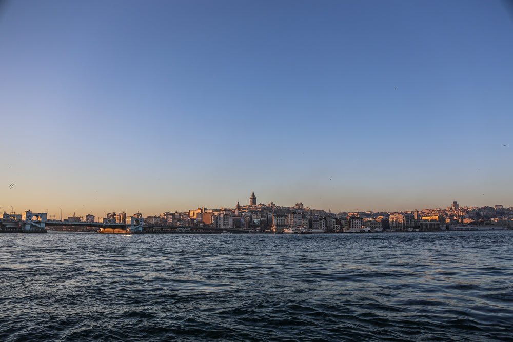 a waterfront city at sunset