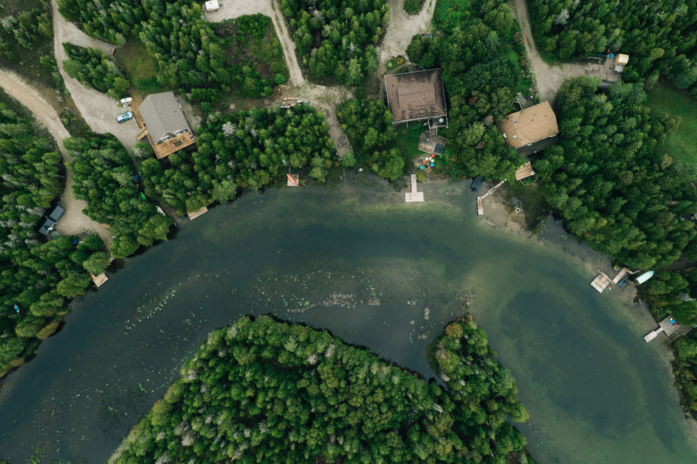 a winding river around an island community