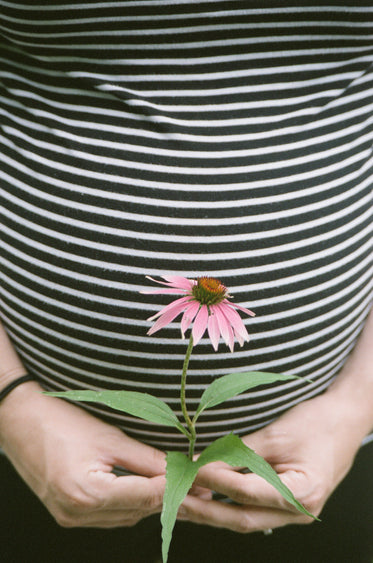 a woman holds a pink flower to her belly