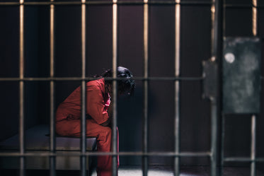 a woman in an orange jumpsuit sits in a prison cell