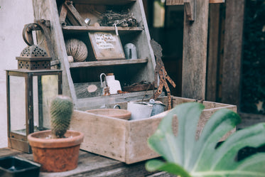 a wooden box of trinkets