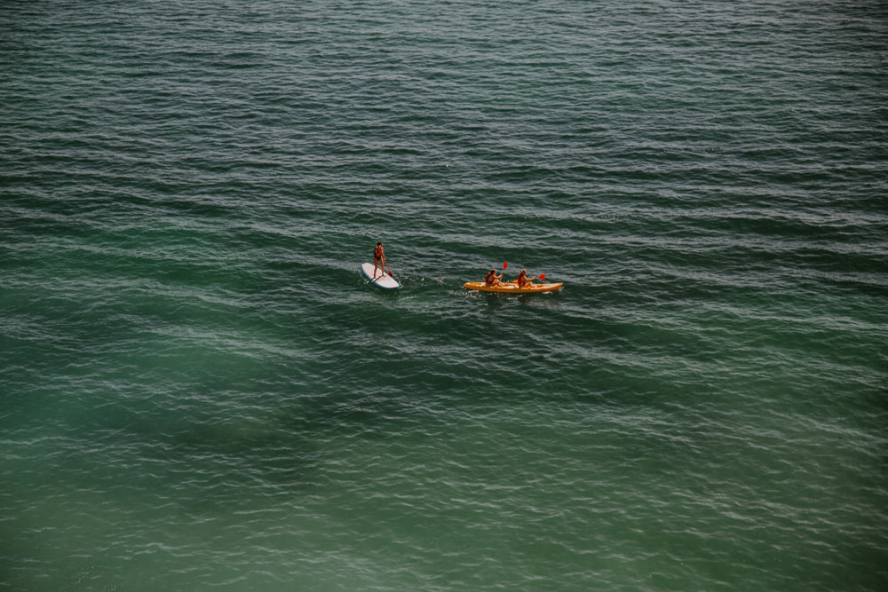 adventurists paddle on open green water