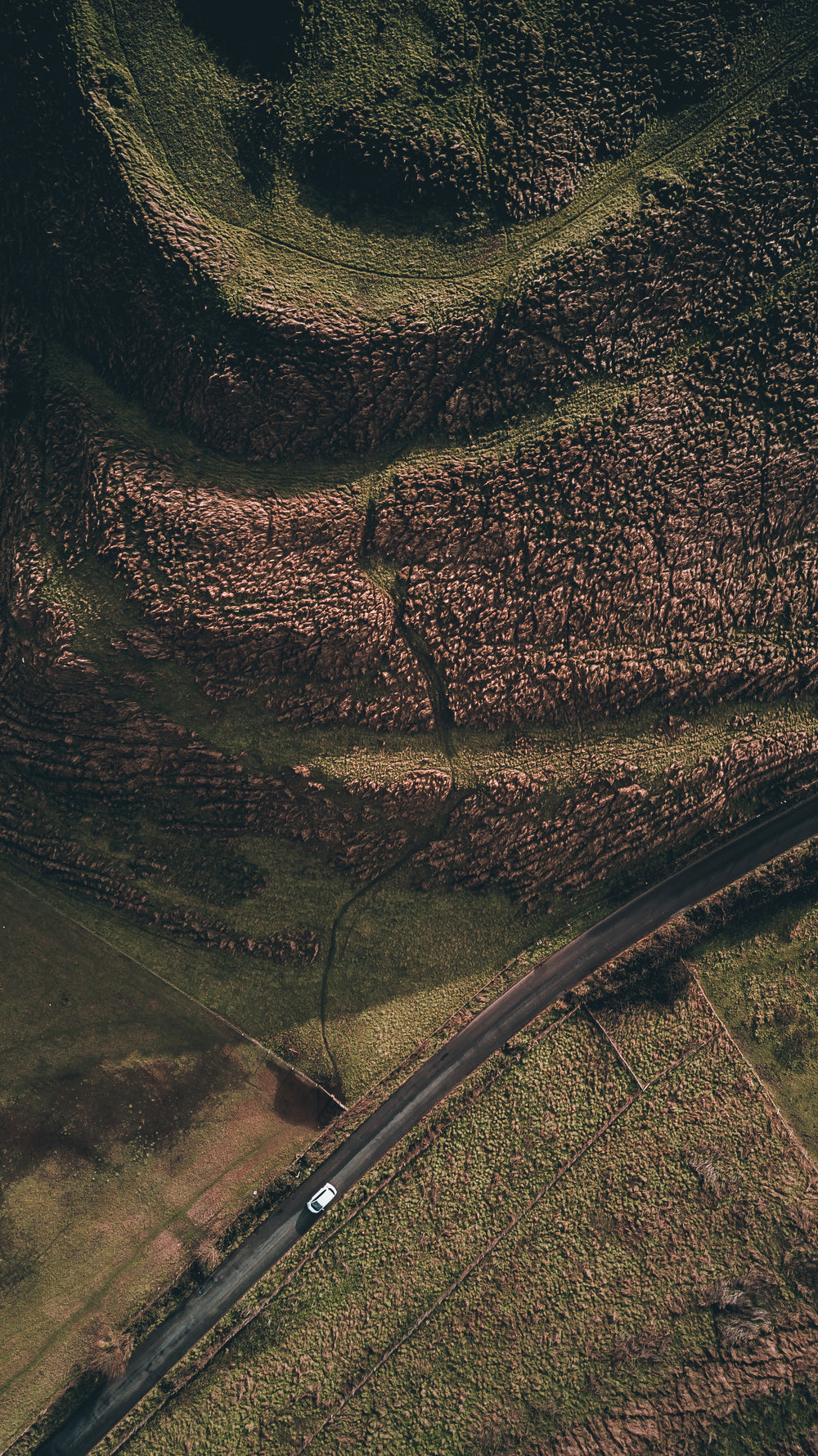 aerial of hills and grass with road