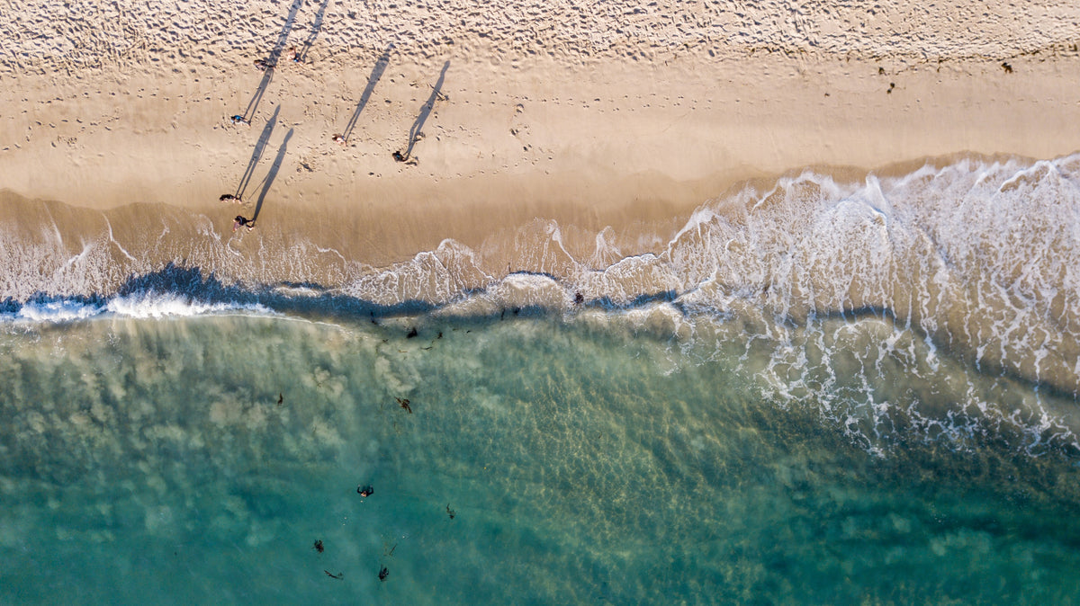 aerial photo of a beach and aqua blue water