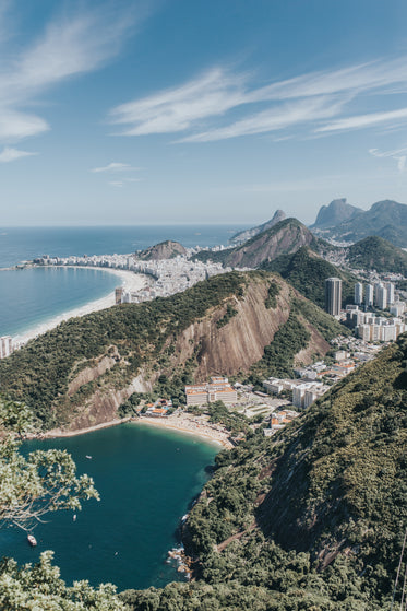 aerial photo of mountains and a city near ocean