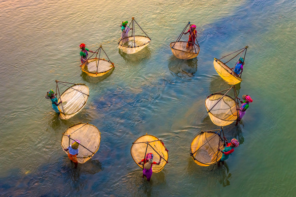 aerial photo of people stands in a circle in water