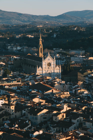 aerial shot of church in italian village